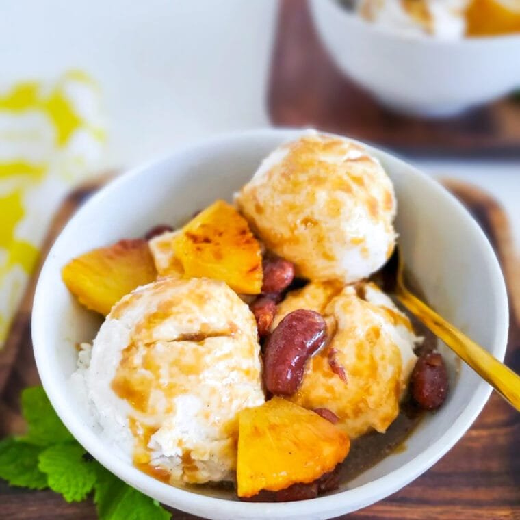 Ice Cream with Red Beans and Caramel Sauce