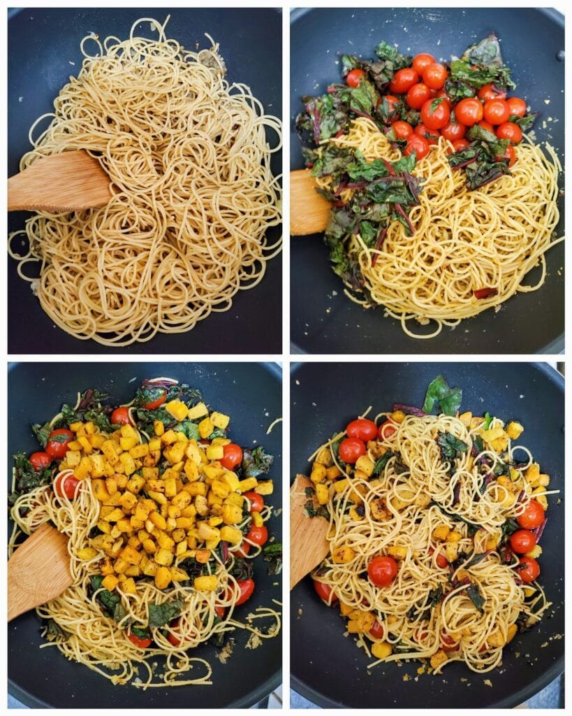 Spaghetti with Roast Squash, Swiss Chard, Tomatoes and Tofu cooking