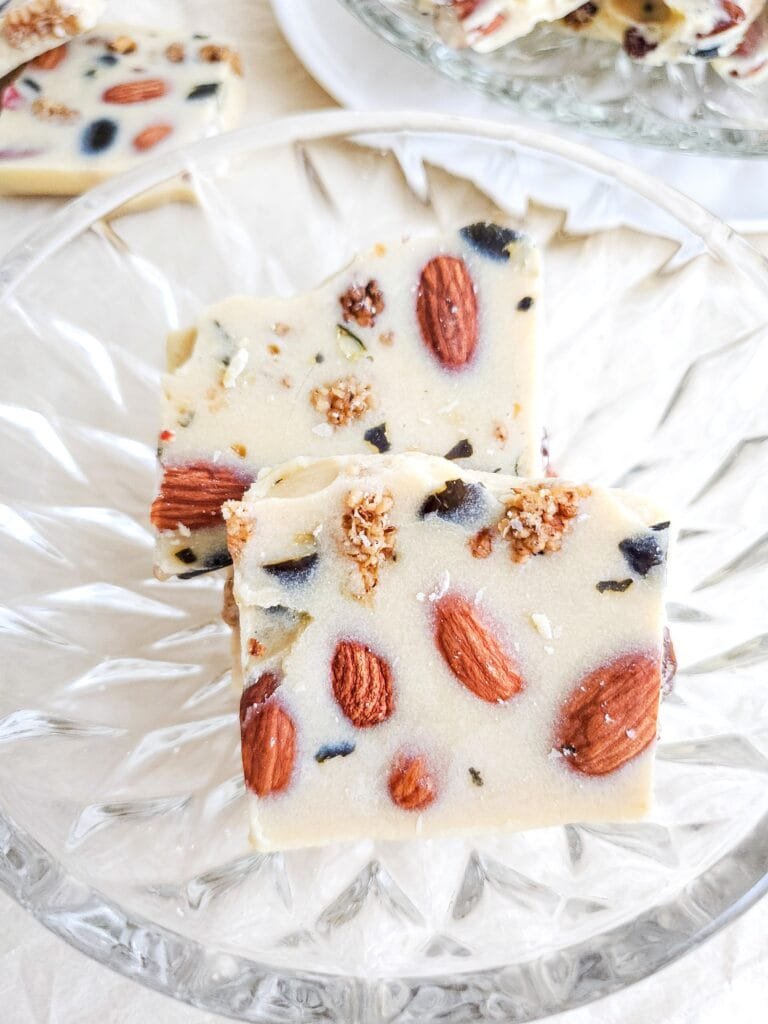 Vegan white chocolate bark bowl