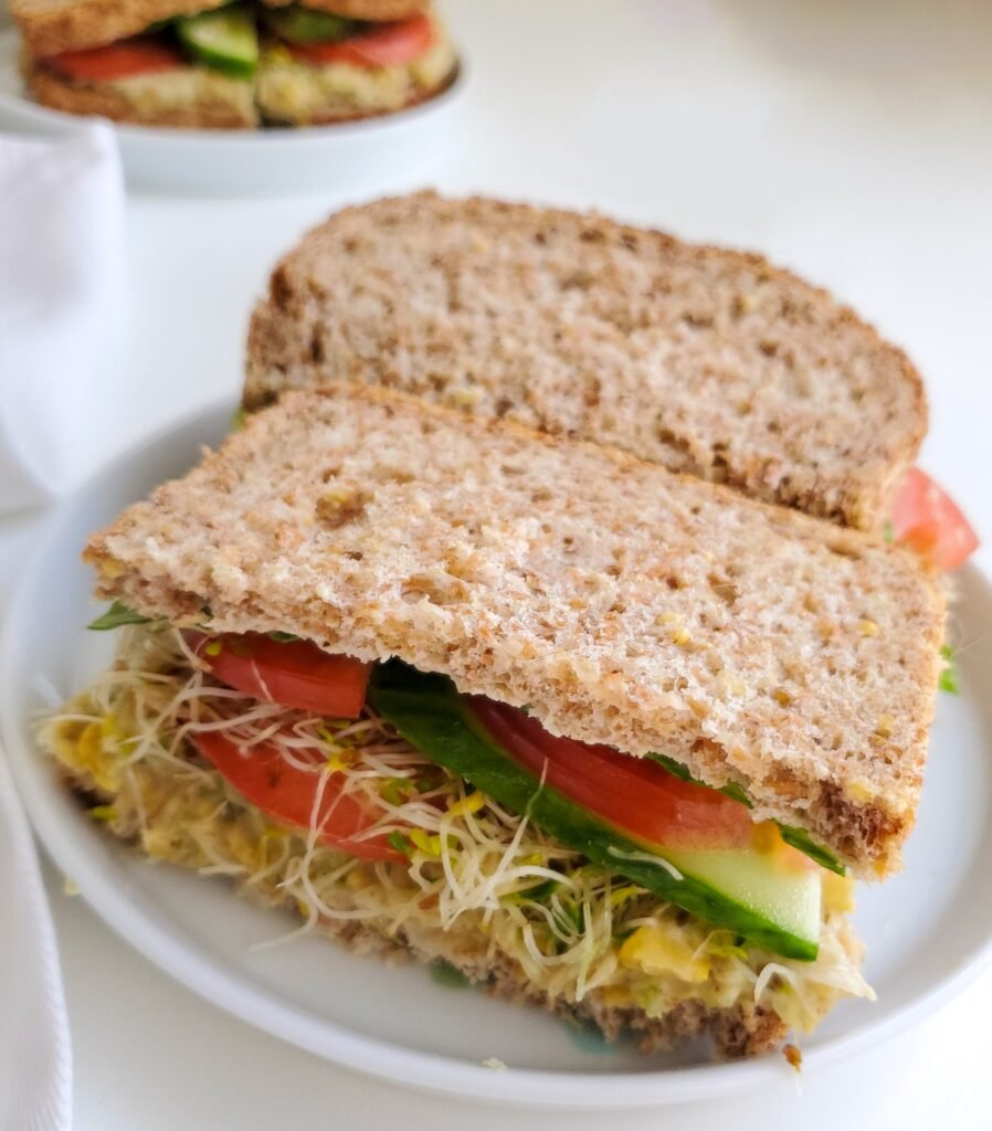 Chickpea Salad Sandwich cut in half