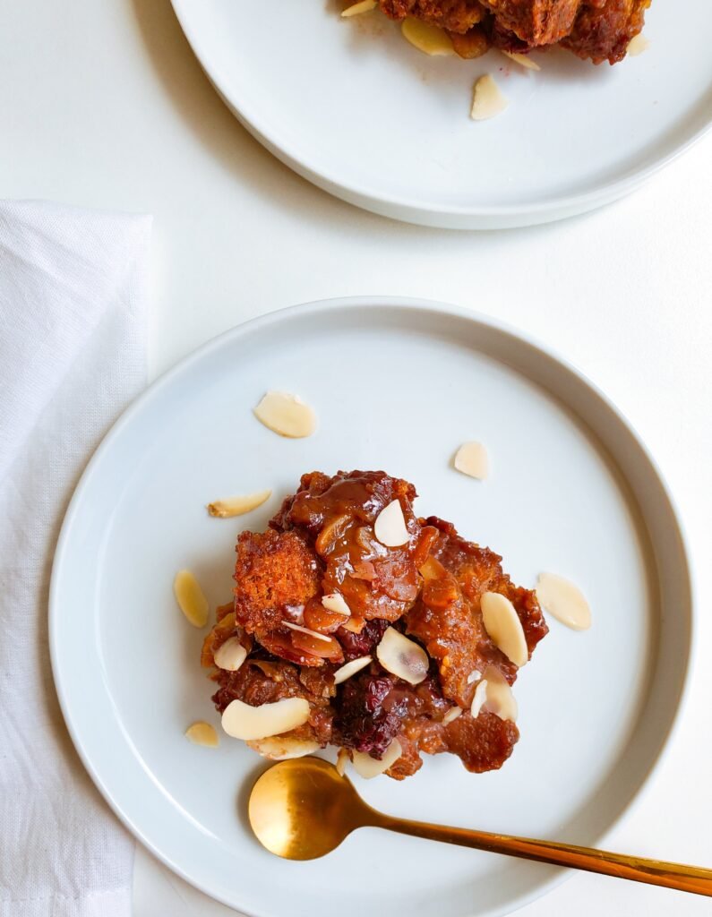 Blackberry Almond Bread pudding plated